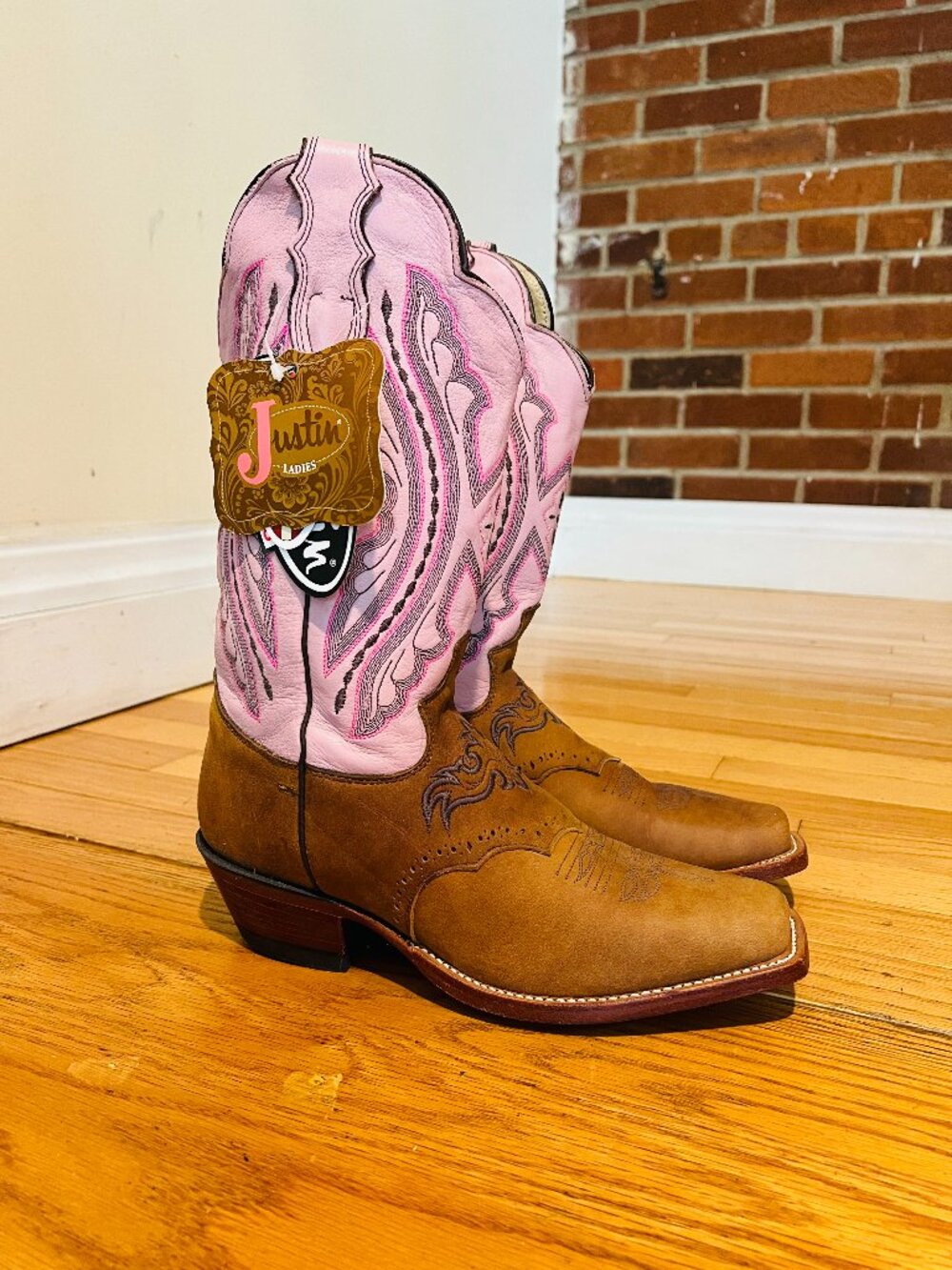 Vintage Justin Brown & Pink Women's Leather Cowboy Boots, Size 8.5 Cowgirl